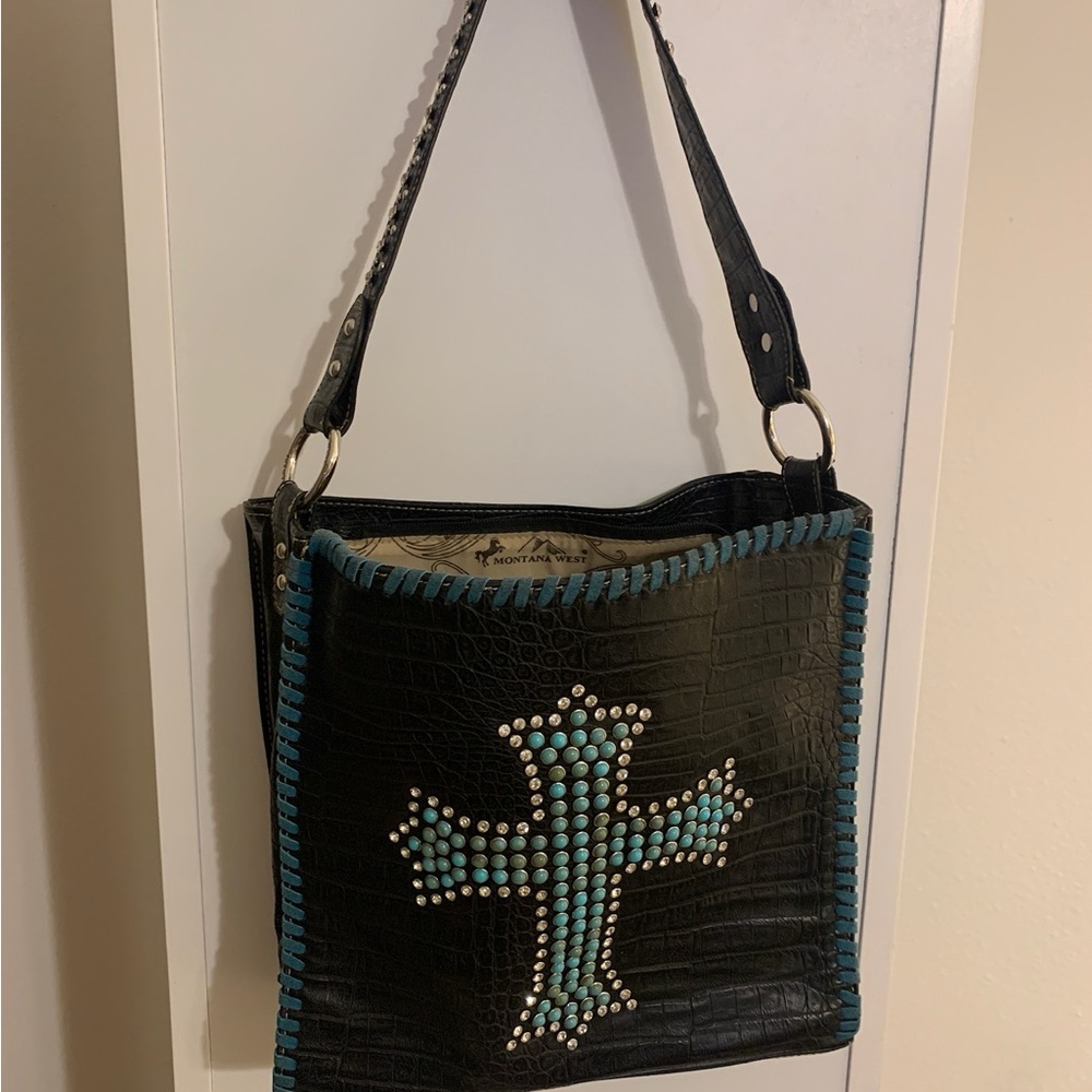 Turquoise jeweled cross Montana West tote bag